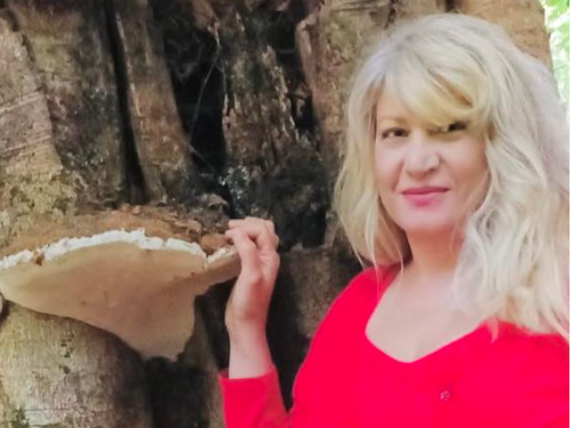 Image of a woman with long blonde hair and a red top. Next to a tree with a bracket fungus. 