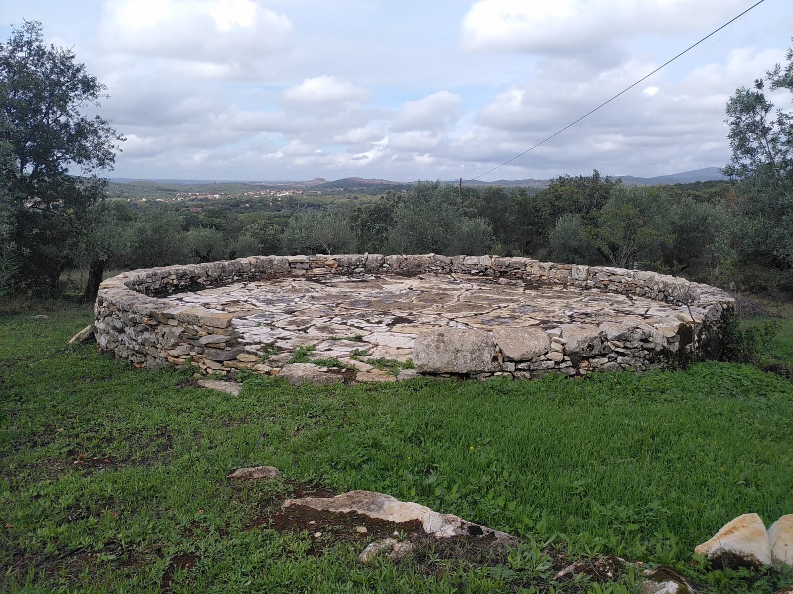 An eira (circular stone platform) in a field.