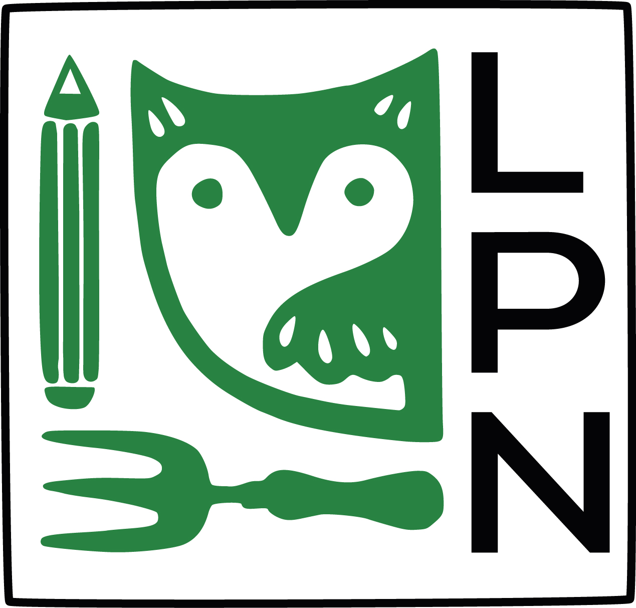Leeds Permaculture Network logo shows an owl for Leeds, a pencil for design and a trowel for practical action