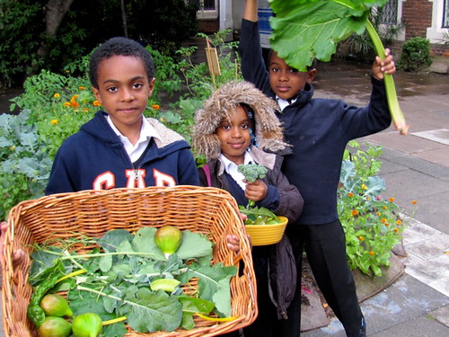A little patch of ground, London. 3 children stand with their harvest of green leaves and figs. One has a rhubarb leaf sheltering his head