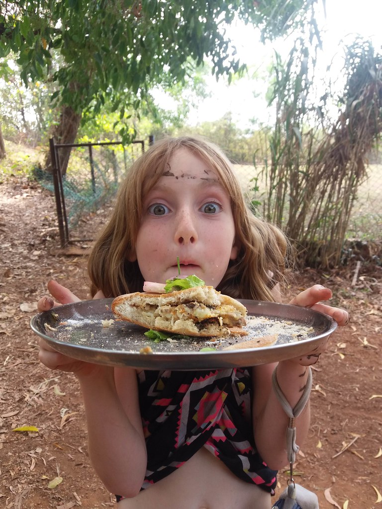 Child holding up a plate of food