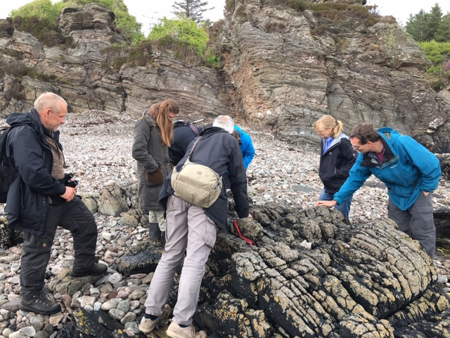 Group looking at lichen on beach