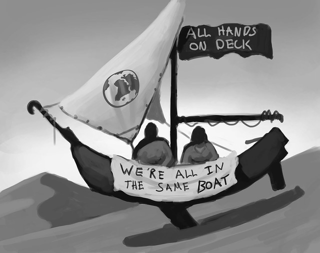 A monochrome sketch showing 2 figures in a boat, with a banner on the side reading We're all in the same boat Illustrator: Keegan Blazey
