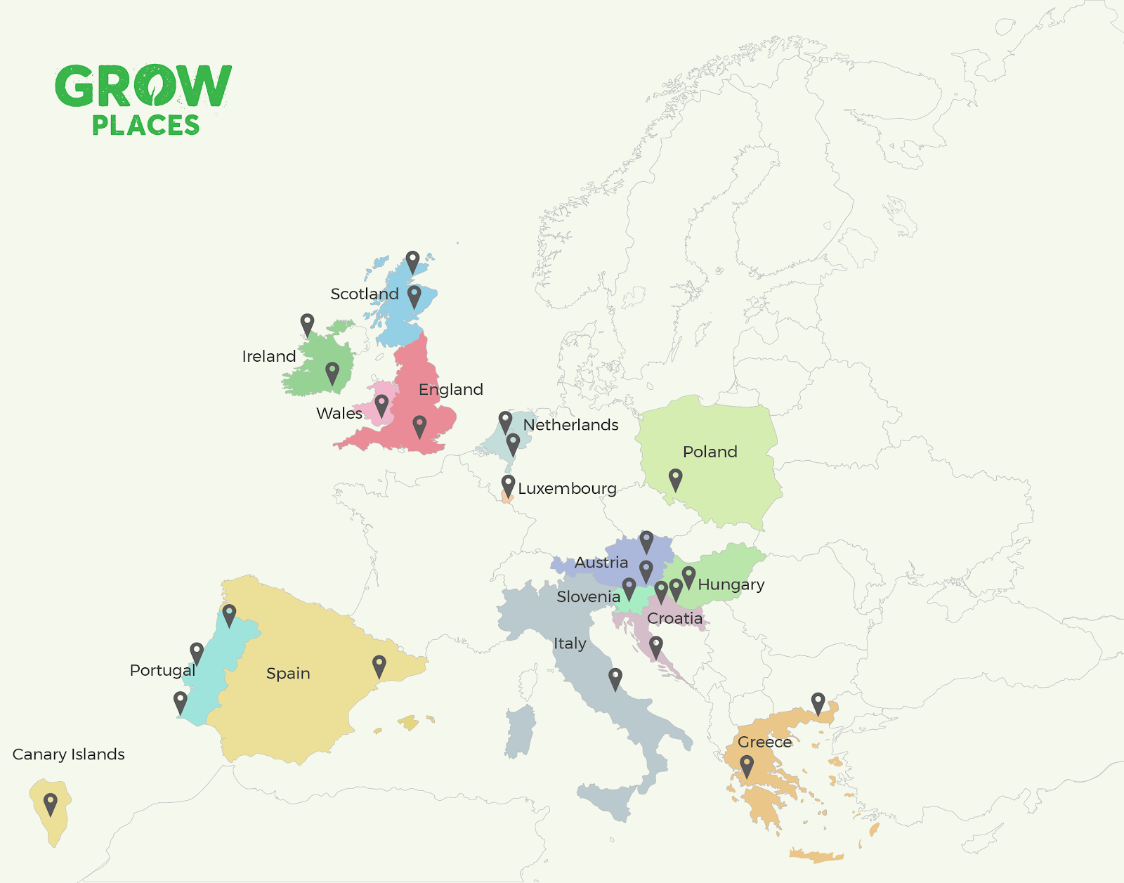 Map of Europe showing location of GROW Places