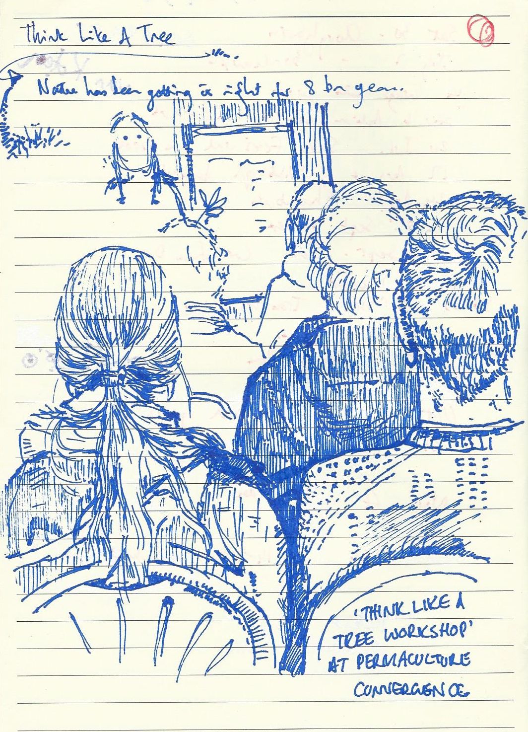 Pen and ink sketch of people listening to a workshop talk