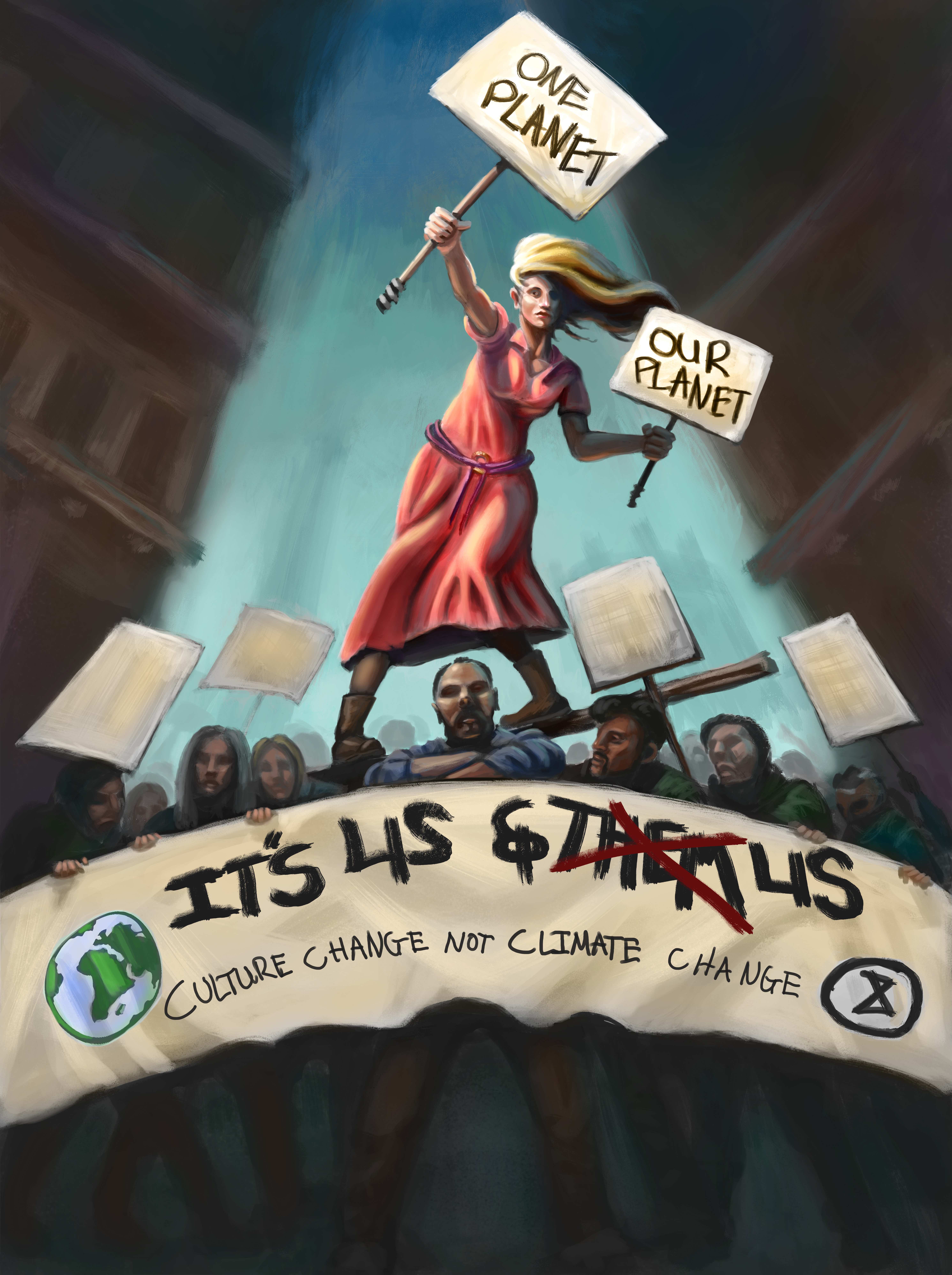 Protest illustration with slogan - It's Us & Us and Culture Change, Not Climate Change. Illustration by Keegan Blazey