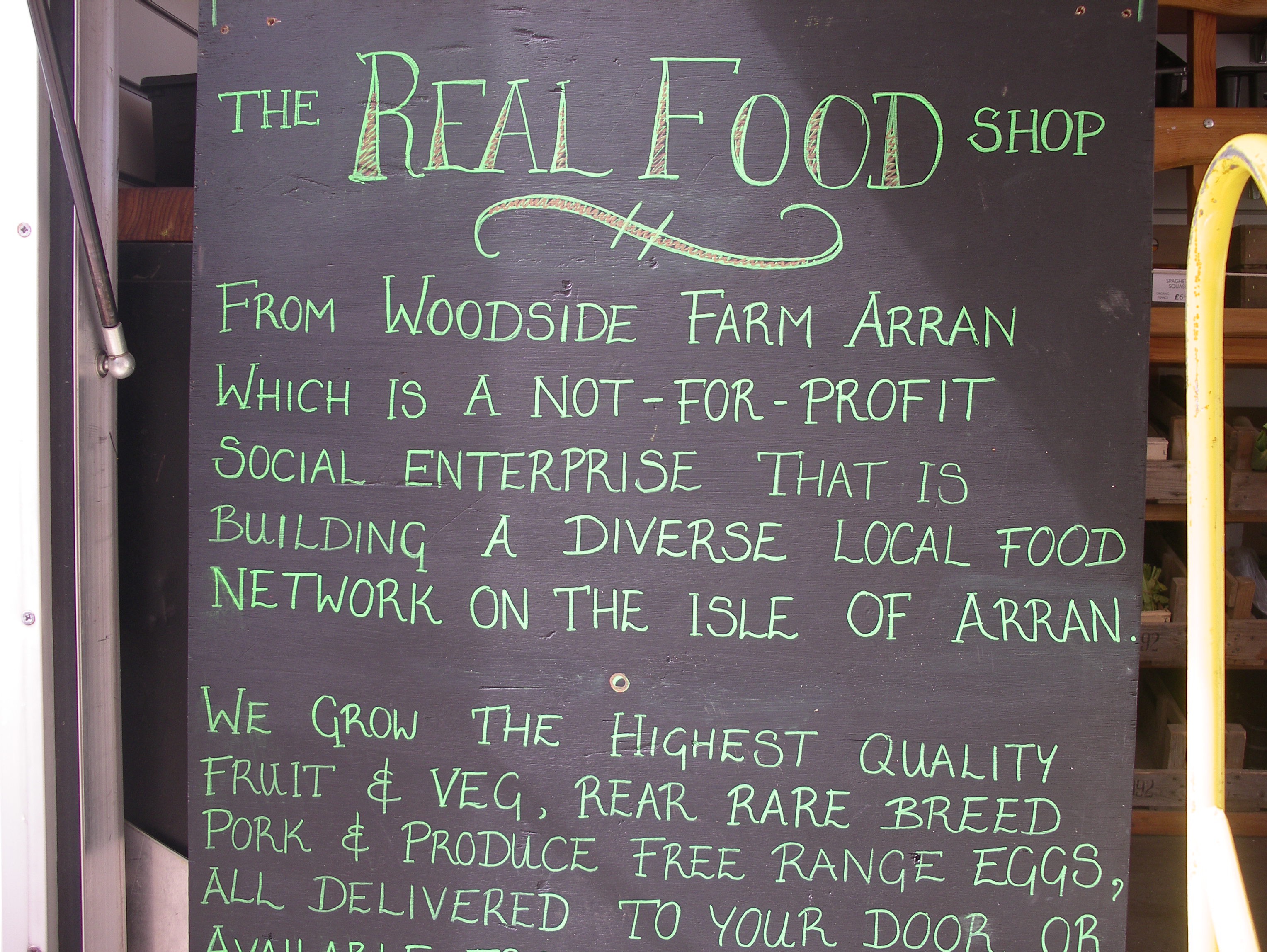 The Real Food Shop is a mobile market of locally produced food, run by Woodside CIC for the Arran community.