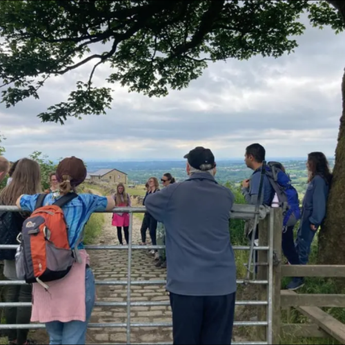people standing at a gate in the countryside under a tree ralking