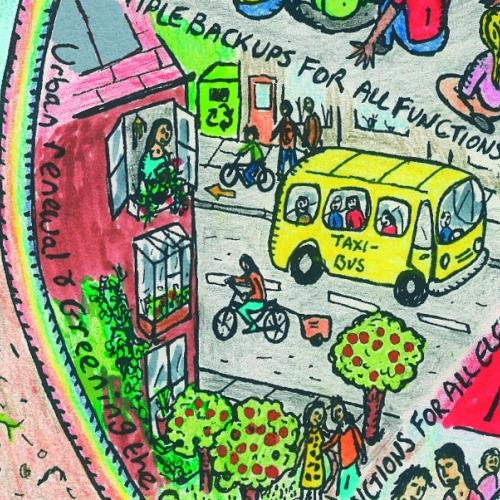 urban permaculture line drawing depicting home veg growing and urban transport links including taxi-bus and bicycle with trailer