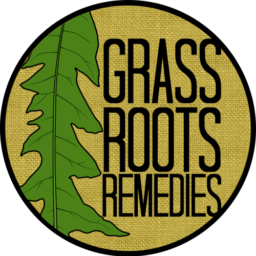 Circular logo with yellow background, image of Dandelion leaf on left, text Grass Roots Renedies