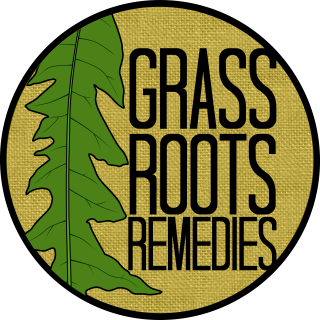 Yellow circular logo with Dandelion leaf on left and text in black capitals on right "Grass Roots Remedies"