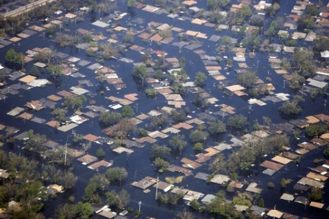 Houses surrounded by flood waters