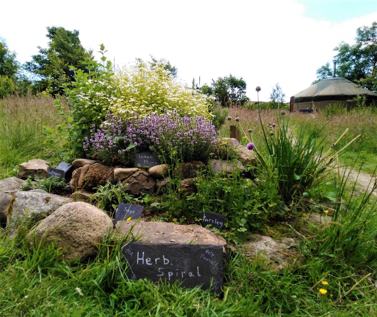 Herb spiral meadow orchard and eco-glamping