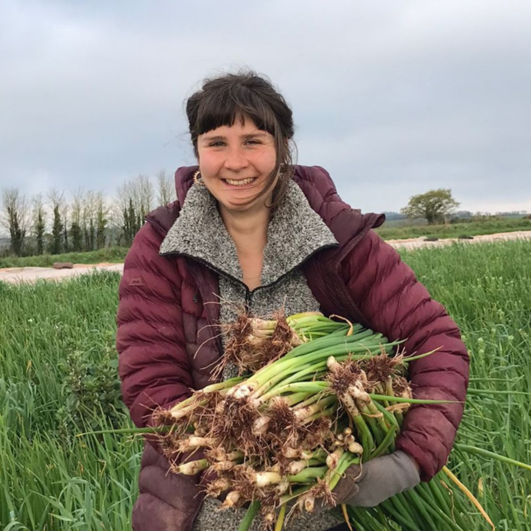 A woman with brown hair tied back, with a fringe. She is wearing a purplish, red jacket and a grey fleece. She is holding lots of spring onions in a field. 