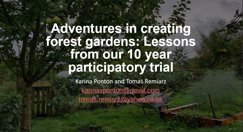 Text stating "Adventures in creating forest gardens: Lessons from our 10 year participatory trial" over greenery