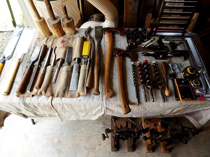 Timber framing tool table. Photo: smallape on Flickr, shared under Attribution-NonCommercial-ShareAlike 2.0 license.